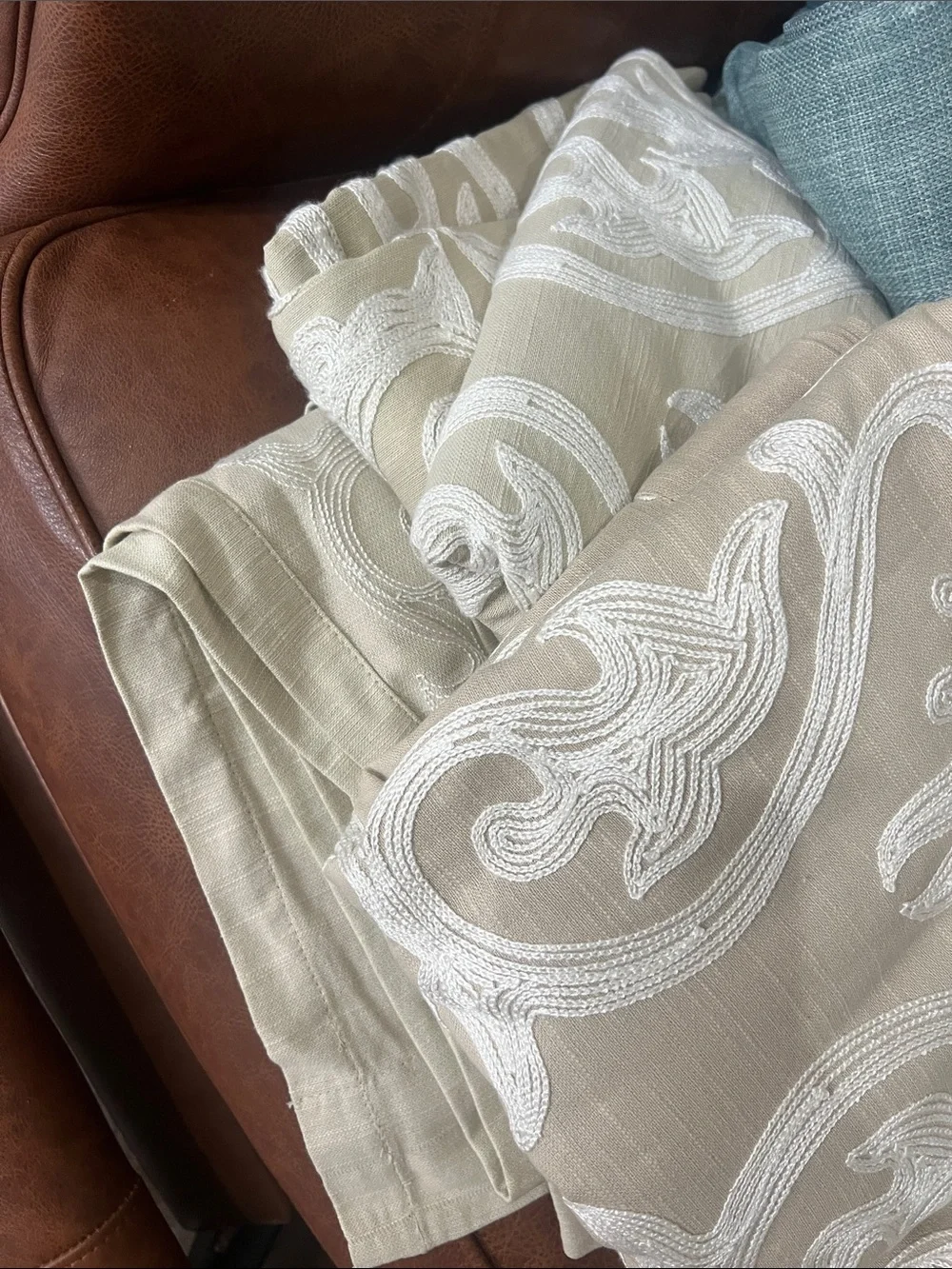 Four Threshold Beige Curtain Panels with White Embroidered Scroll Border